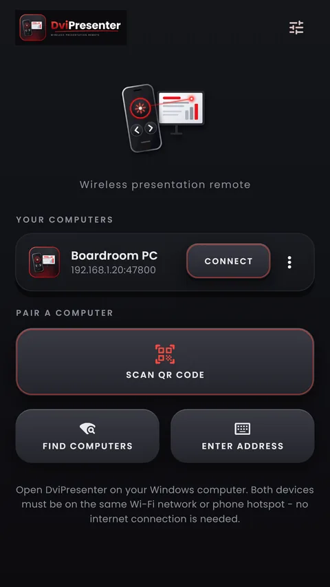 Pairing screen with a saved computer and a Scan QR code button