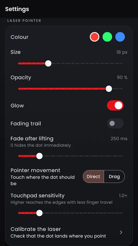 Laser pointer settings: colour, size, opacity, glow and trail